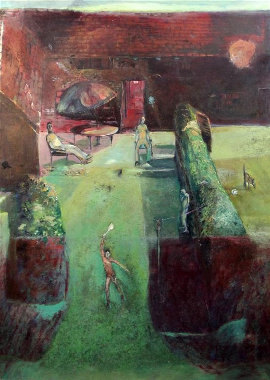 § Harold Mockford (1932-) Playing and resting in Bell Cottage garden 47.5 x 35.5in.